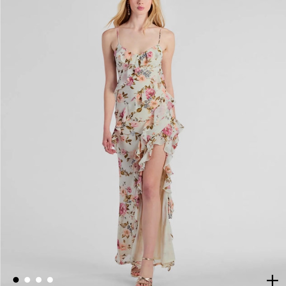 Windsor Pink and Green Ruffled Gown with Spaghetti Straps
